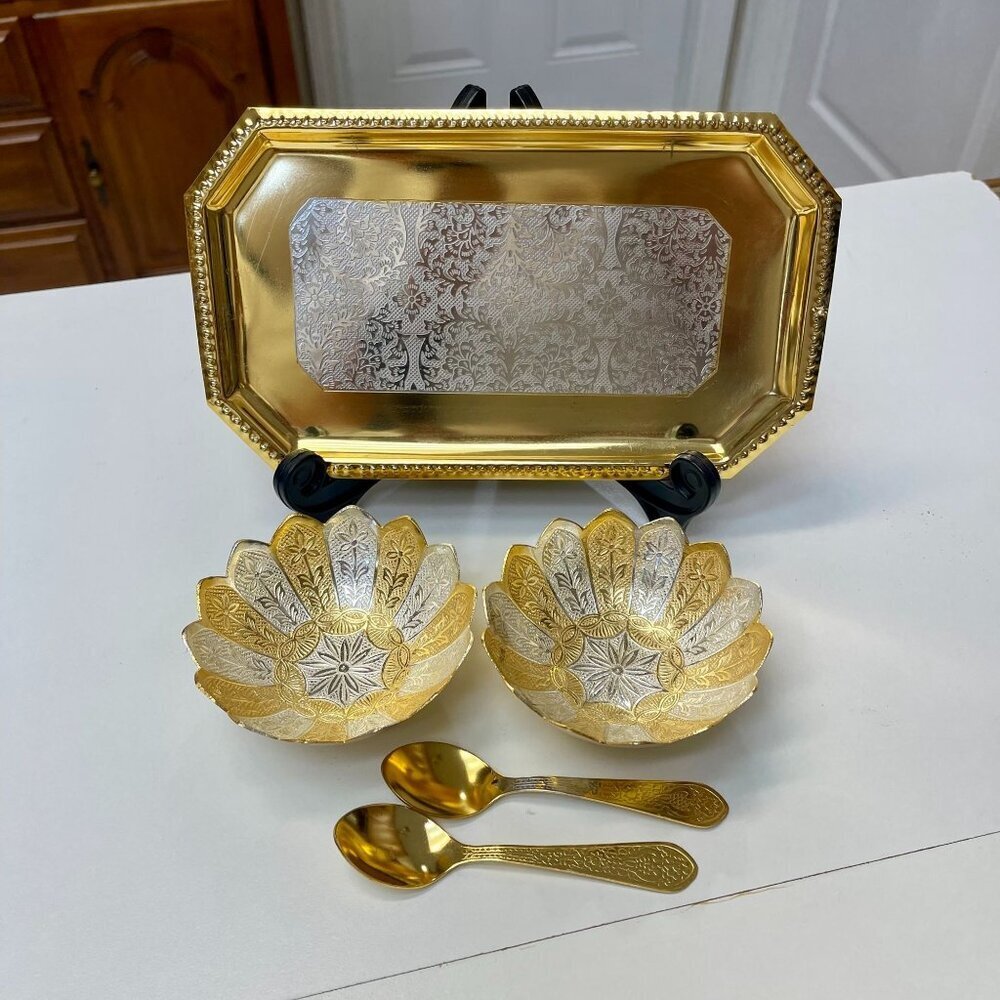 Rare Indian 5 Pc Gold and Silver Flashed Metal Sauce Set in Velvet Box Vintage - Picture 7 of 12